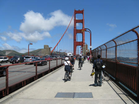 Cycling across the Golden Gate Bridge in San Francisco CA